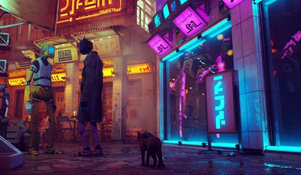 Futuristic city street with robots, neon lights, and a gamer exploring an AI powered cyberpunk worldscape.