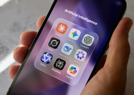 Hand holding smartphone displaying popular AI chatbot apps including ChatGPT, Gemini and Claude. app