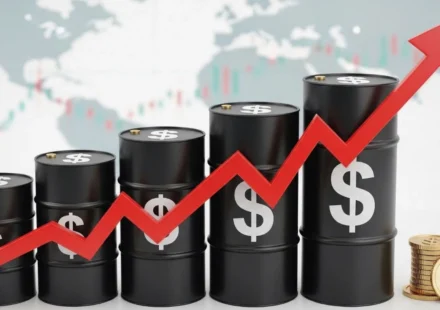 Oil barrels with rising red arrow showing crude price surge amid global supply concerns worldwide!!!
