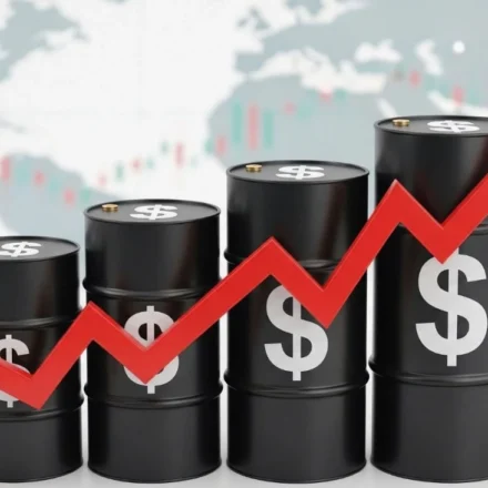 Oil barrels with rising red arrow showing crude price surge amid global supply concerns worldwide!!!
