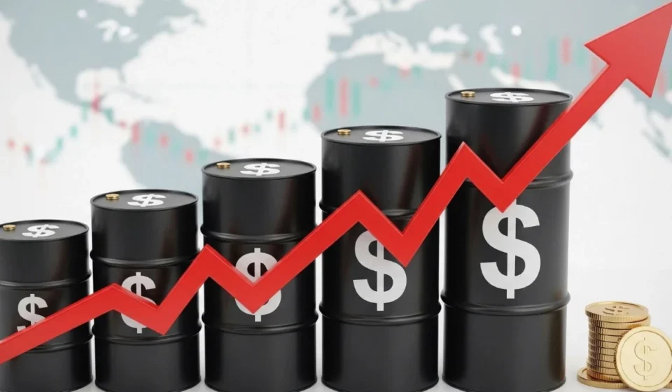 Oil barrels with rising red arrow showing crude price surge amid global supply concerns worldwide!!!