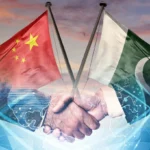 Pakistan and China flags over handshake symbolizing AI alliance and digital cooperation under CPEC 2.0 plan.