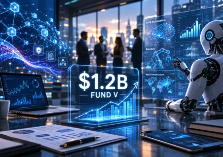 Paradigm Web3 Fund V highlights AI, blockchain, robotics, and venture capital in a futuristic boardroom.