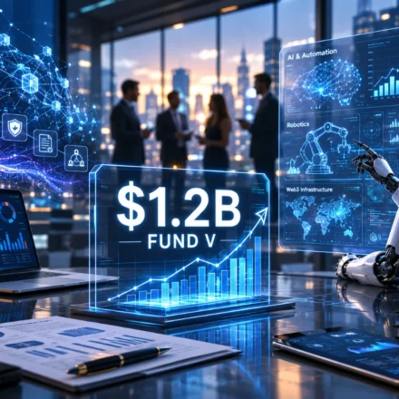 Paradigm Web3 Fund V highlights AI, blockchain, robotics, and venture capital in a futuristic boardroom.