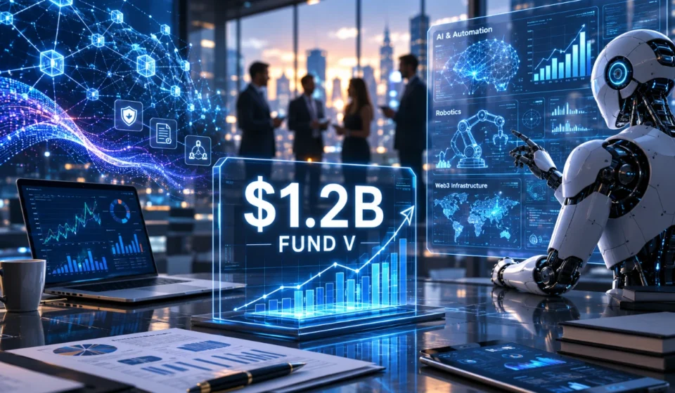Paradigm Web3 Fund V highlights AI, blockchain, robotics, and venture capital in a futuristic boardroom.