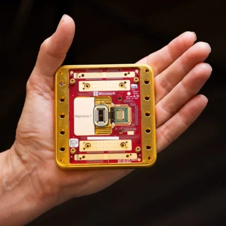 Hand holding a Microsoft quantum computing chip prototype showcasing advanced quantum hardware design.