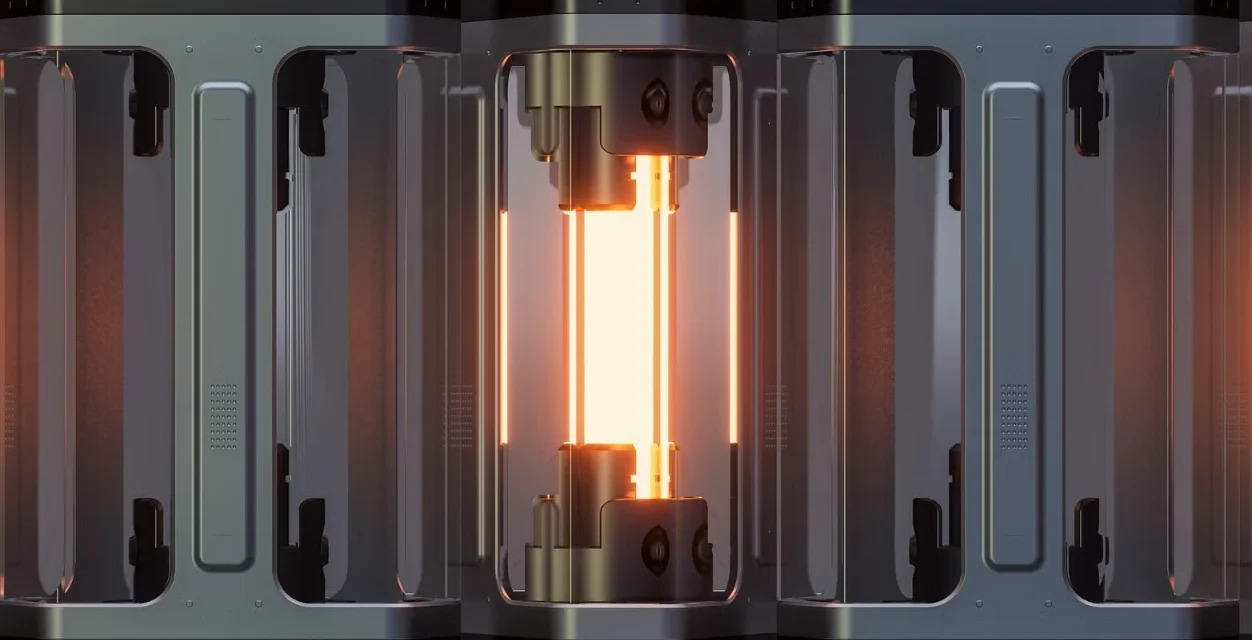 Futuristic quantum heat storage device with glowing thermal core for programmable materials concept.