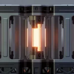 Futuristic quantum heat storage device with glowing thermal core for programmable materials concept.