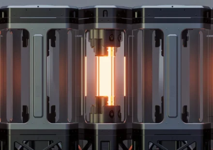 Futuristic quantum heat storage device with glowing thermal core for programmable materials concept.