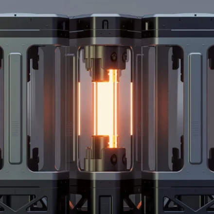 Futuristic quantum heat storage device with glowing thermal core for programmable materials concept.