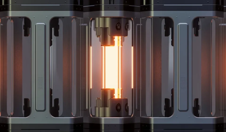 Futuristic quantum heat storage device with glowing thermal core for programmable materials concept.