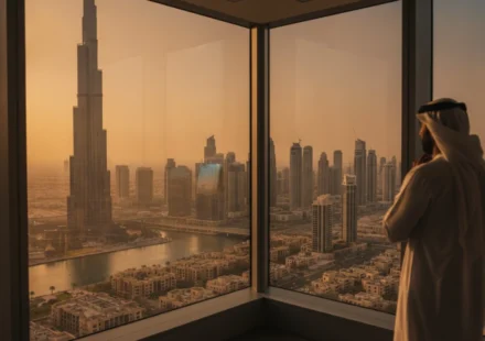 Executive overlooks Dubai skyline with Burj Khalifa amid shifting logistics investment trends. today