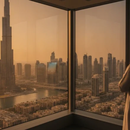Executive overlooks Dubai skyline with Burj Khalifa amid shifting logistics investment trends. today