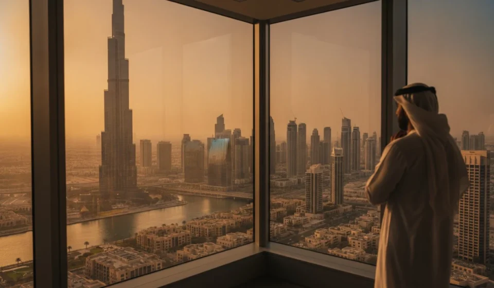 Executive overlooks Dubai skyline with Burj Khalifa amid shifting logistics investment trends. today