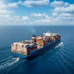 Container ship sailing through open ocean amid Red Sea shipping concerns and global trade risks now.