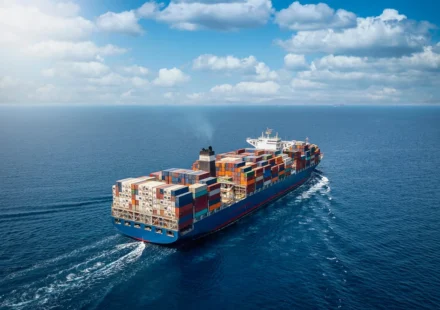 Container ship sailing through open ocean amid Red Sea shipping concerns and global trade risks now.