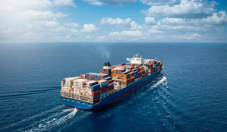 Container ship sailing through open ocean amid Red Sea shipping concerns and global trade risks now.