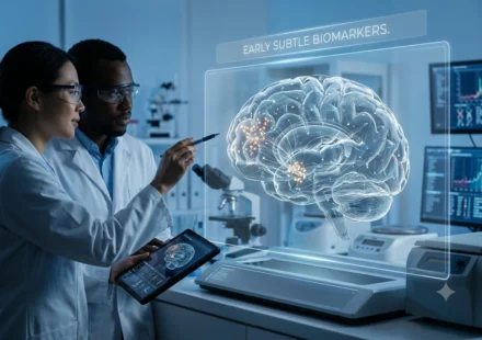 Scientists examine early subtle brain biomarkers for pre-symptomatic dementia using advanced imaging technology.