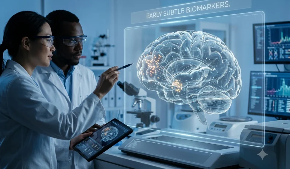Scientists examine early subtle brain biomarkers for pre-symptomatic dementia using advanced imaging technology.