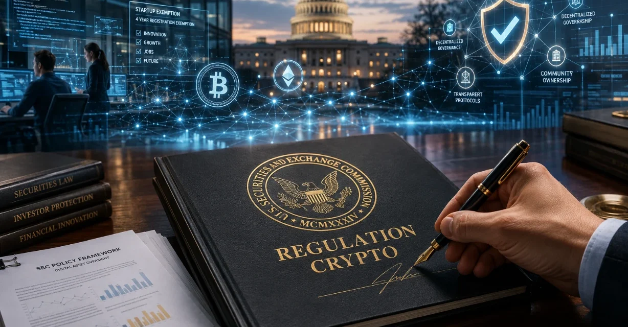 SEC official signs Regulation Crypto as blockchain and DeFi networks glow behind US Capitol.