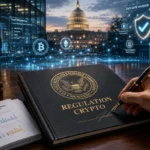 SEC official signs Regulation Crypto as blockchain and DeFi networks glow behind US Capitol.