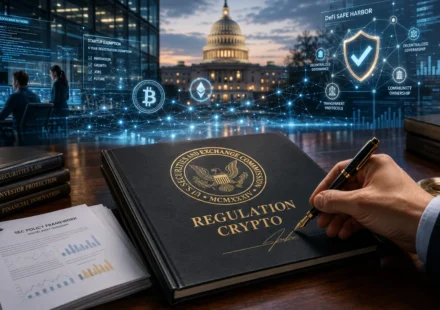 SEC official signs Regulation Crypto as blockchain and DeFi networks glow behind US Capitol.