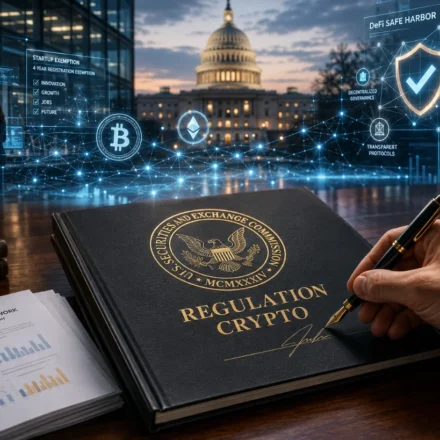 SEC official signs Regulation Crypto as blockchain and DeFi networks glow behind US Capitol.