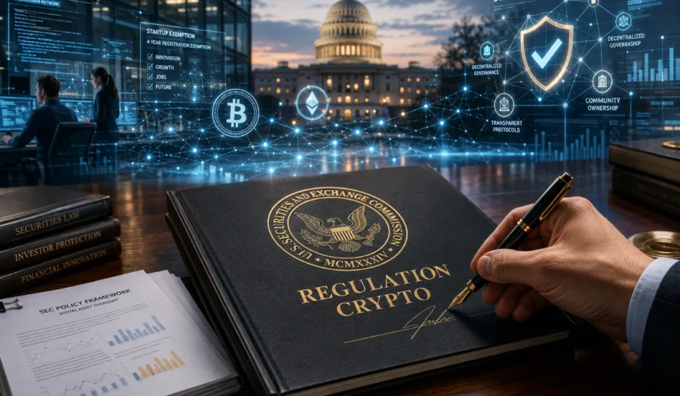 SEC official signs Regulation Crypto as blockchain and DeFi networks glow behind US Capitol.
