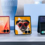 Samsung Galaxy Z Flip foldable smartphones displayed with colorful cover screens before product launch event.