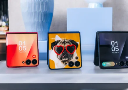 Samsung Galaxy Z Flip foldable smartphones displayed with colorful cover screens before product launch event.