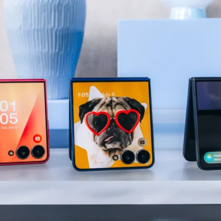 Samsung Galaxy Z Flip foldable smartphones displayed with colorful cover screens before product launch event.