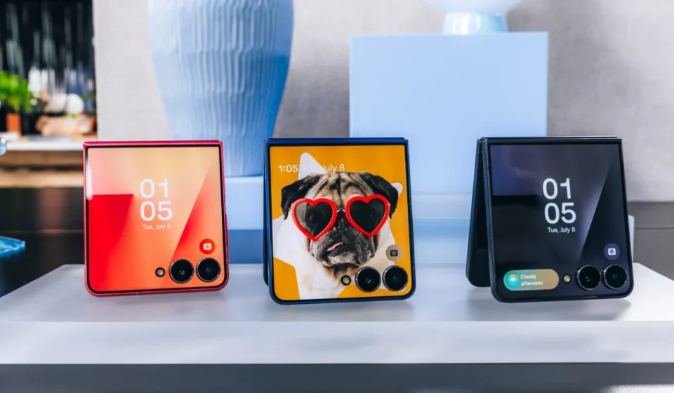 Samsung Galaxy Z Flip foldable smartphones displayed with colorful cover screens before product launch event.