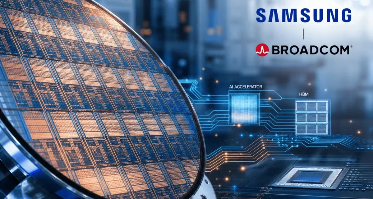 Samsung and Broadcom AI chip partnership featuring semiconductor wafer, HBM memory, and AI processor chips
