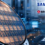 Samsung and Broadcom AI chip partnership featuring semiconductor wafer, HBM memory, and AI processor chips