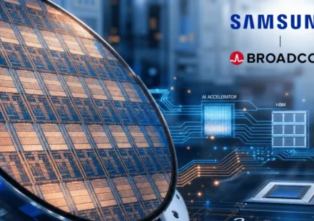 Samsung and Broadcom AI chip partnership featuring semiconductor wafer, HBM memory, and AI processor chips