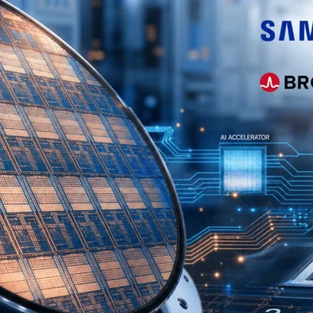 Samsung and Broadcom AI chip partnership featuring semiconductor wafer, HBM memory, and AI processor chips