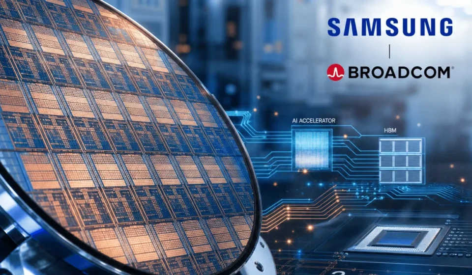 Samsung and Broadcom AI chip partnership featuring semiconductor wafer, HBM memory, and AI processor chips