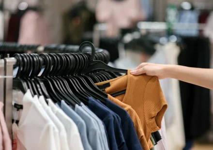 Clothing rack with neatly displayed shirts as a shopper selects a ribbed brown top in a retail store.