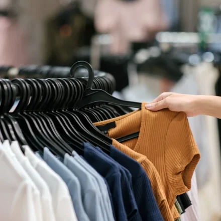 Clothing rack with neatly displayed shirts as a shopper selects a ribbed brown top in a retail store.