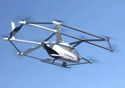 SkyDrive eVTOL aircraft flying in clear blue sky for future emergency medical transport services offshore.