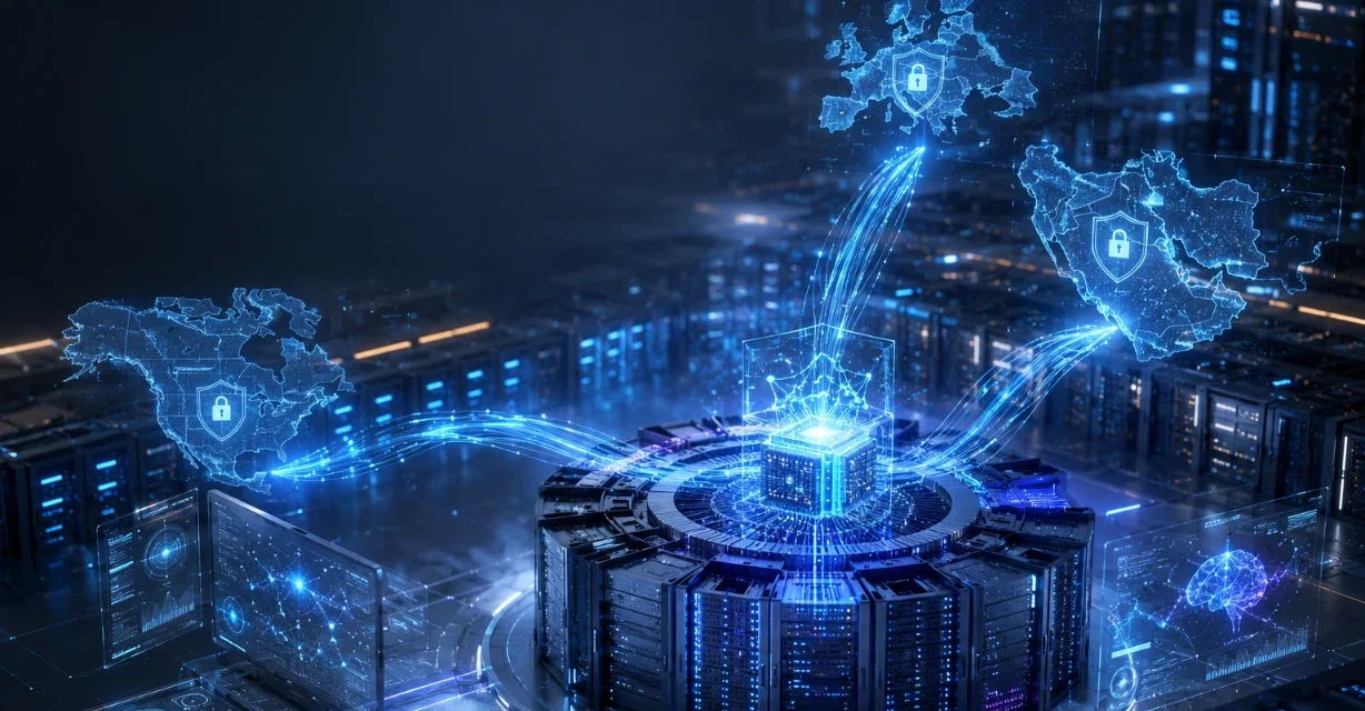 Futuristic sovereign AI data center powering secure regional networks with advanced infrastructure.