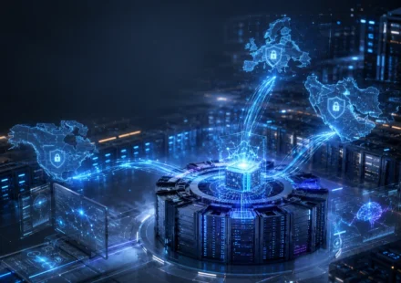 Futuristic sovereign AI data center powering secure regional networks with advanced infrastructure.