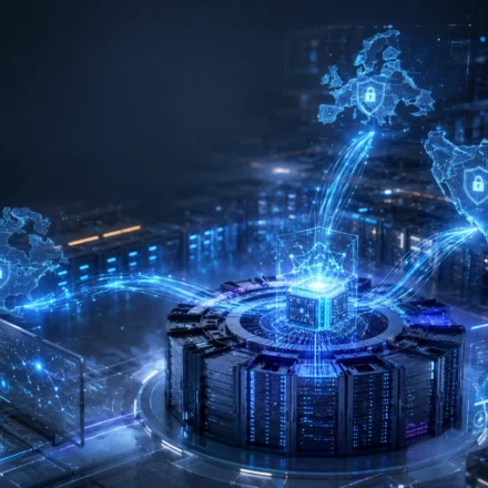 Futuristic sovereign AI data center powering secure regional networks with advanced infrastructure.
