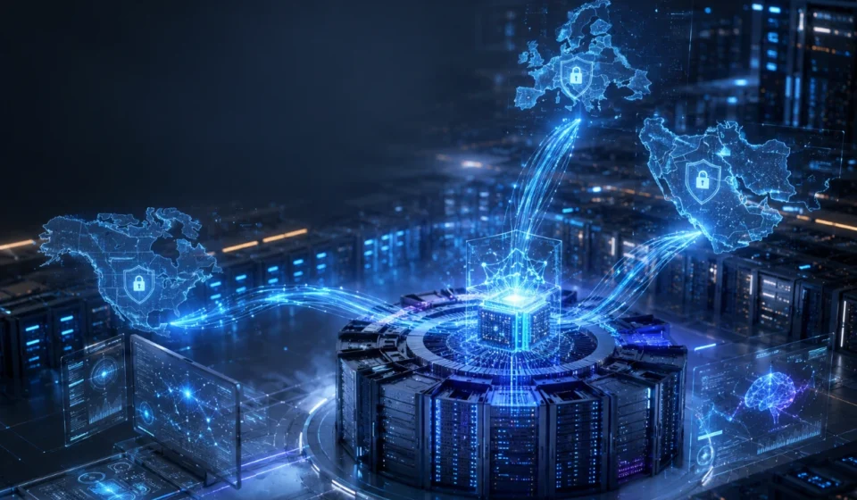 Futuristic sovereign AI data center powering secure regional networks with advanced infrastructure.