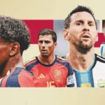 Spain and Argentina stars ahead of the 2026 FIFA World Cup final in New Jersey promotional artwork.