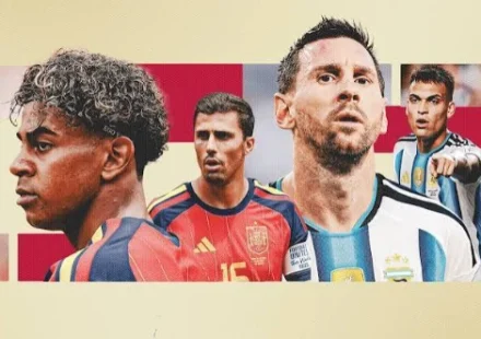 Spain and Argentina stars ahead of the 2026 FIFA World Cup final in New Jersey promotional artwork.