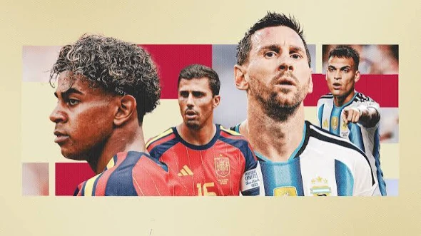 Spain and Argentina stars ahead of the 2026 FIFA World Cup final in New Jersey promotional artwork.