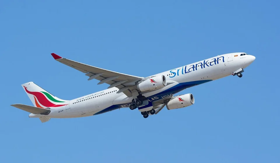SriLankan Airlines jet takes off against a clear blue sky for Maldives regional connections.