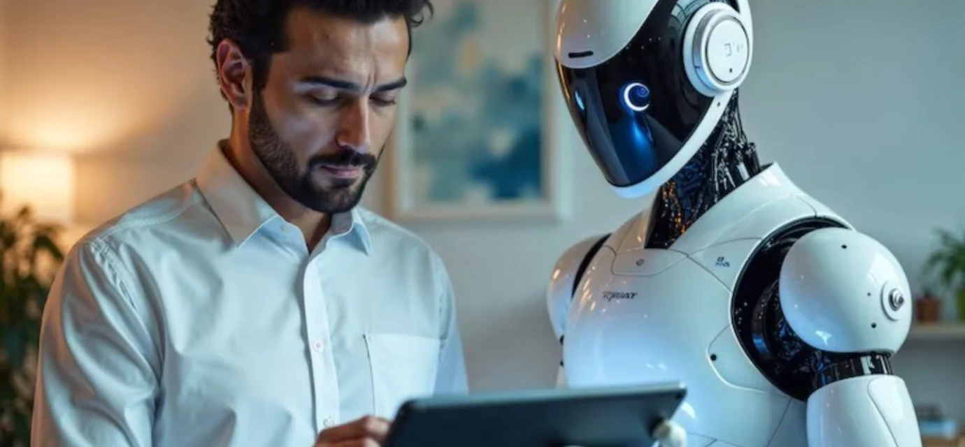 Employee reviews tablet beside an AI robot illustrating automated corporate IT support workflow day.