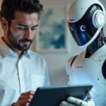 Employee reviews tablet beside an AI robot illustrating automated corporate IT support workflow day.